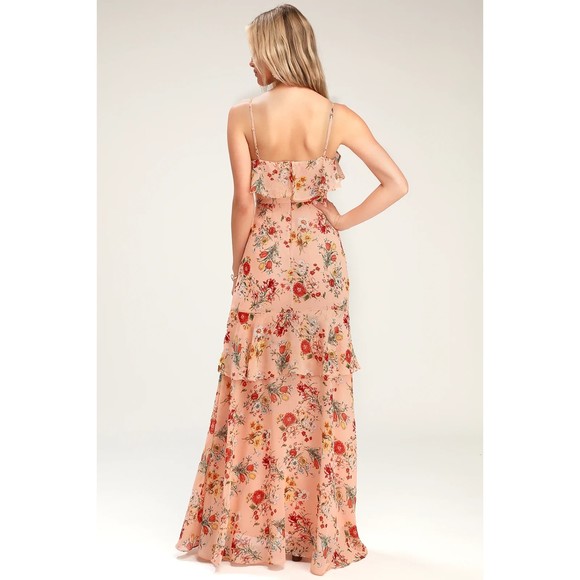 NWT LULUS Gabriella Blush Pink Floral Print Ruffled High-Low Maxi Dress Medium - Picture 2 of 9